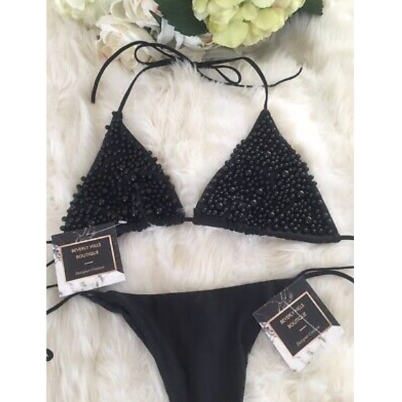 NEW! PEARL BIKINI BLACK SWIMSUIT 2 PIECE SET THONG - Picture 11 of 12